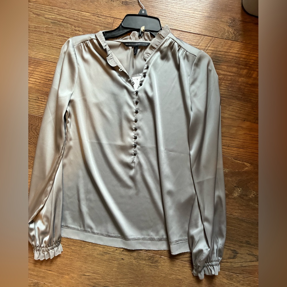 Satin Button-Front Long-Sleeve Blouse - Light Silver WHBM